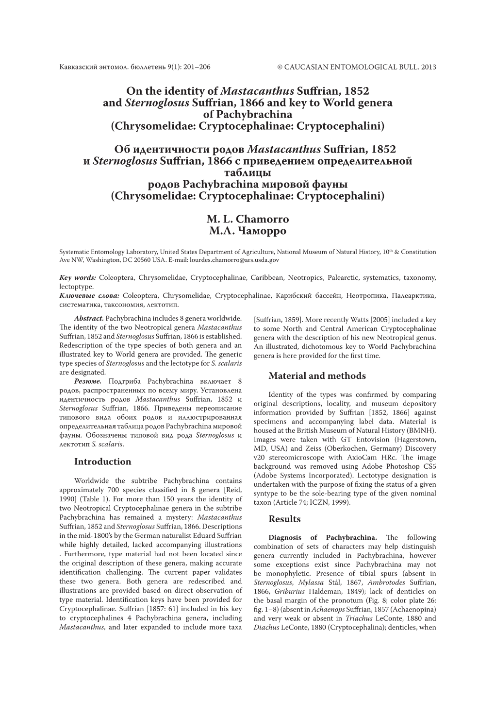 On the Identity of Mastacanthus Suffrian, 1852 and Sternoglosus Suffrian, 1866 and Key to World Genera of Pachybrachina