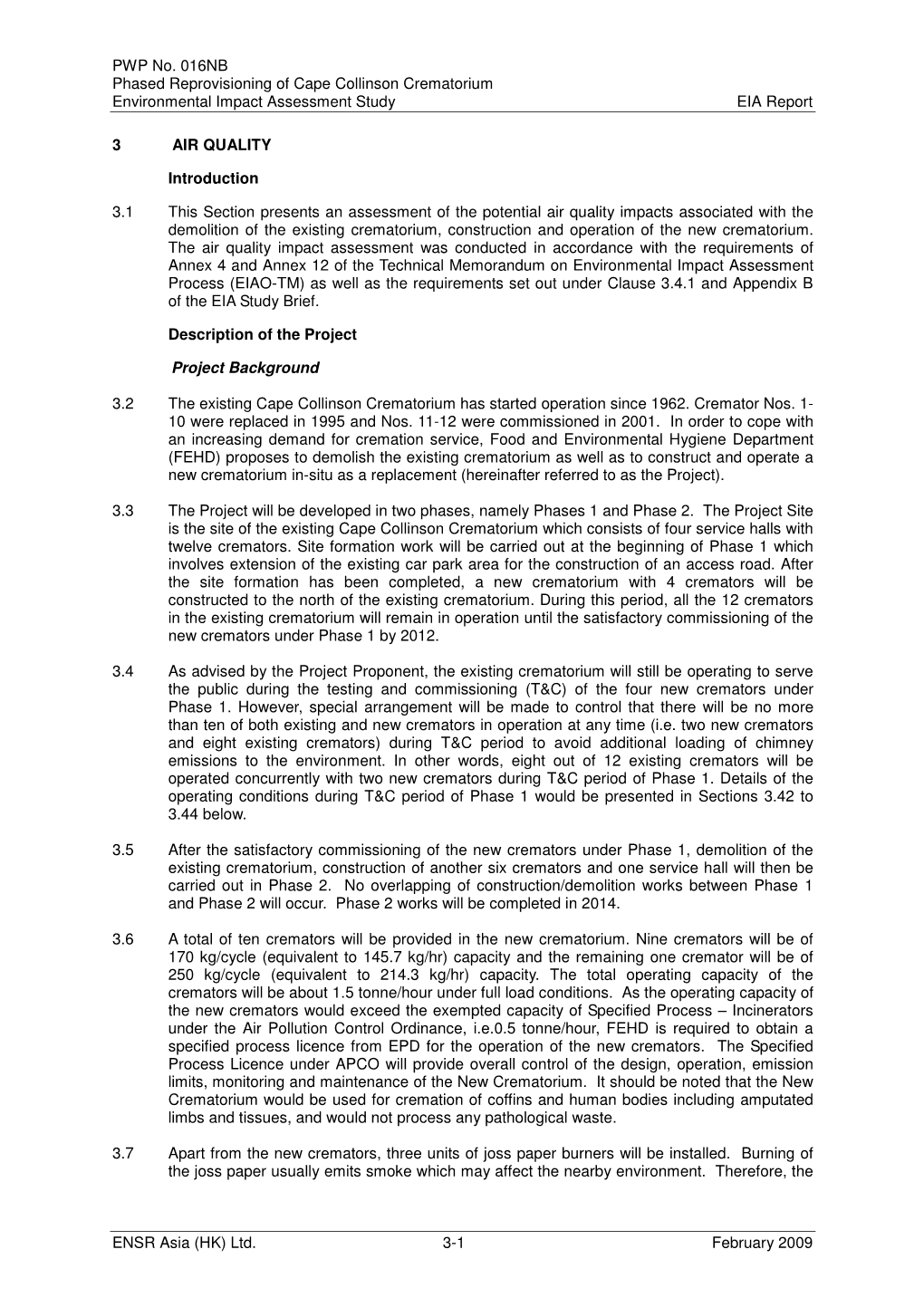 PWP No. 016NB Phased Reprovisioning of Cape Collinson Crematorium Environmental Impact Assessment Study EIA Report