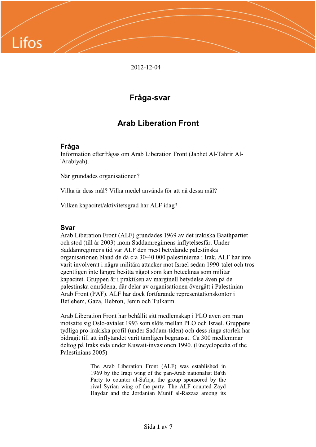 Fråga-Svar Arab Liberation Front