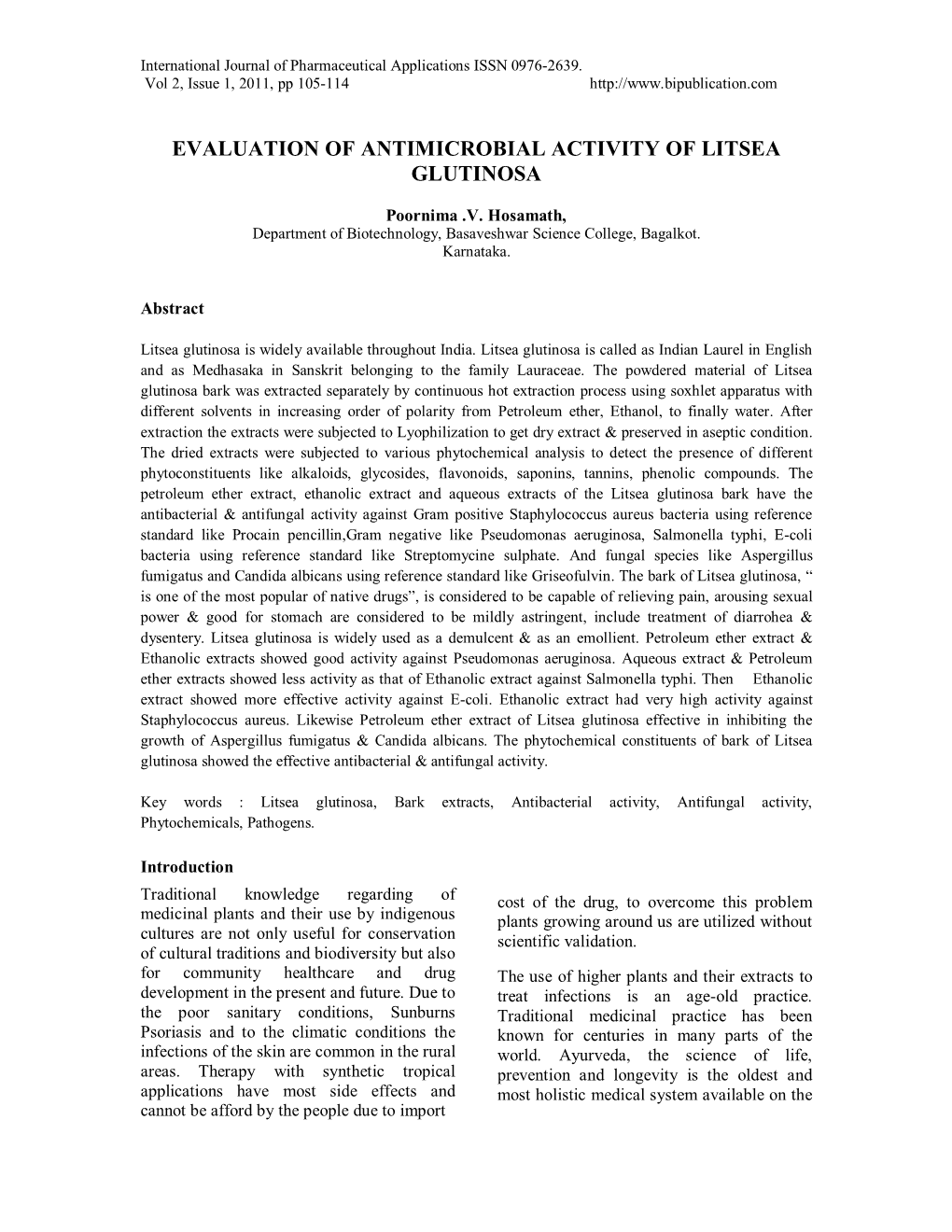 Evaluation of Antimicrobial Activity of Litsea Glutinosa