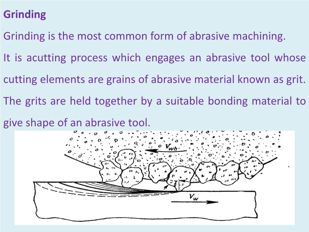 Grinding Grinding Is the Most Common Form of Abrasive Machining. It Is Acutting Process Which Engages an Abrasive Tool Whose