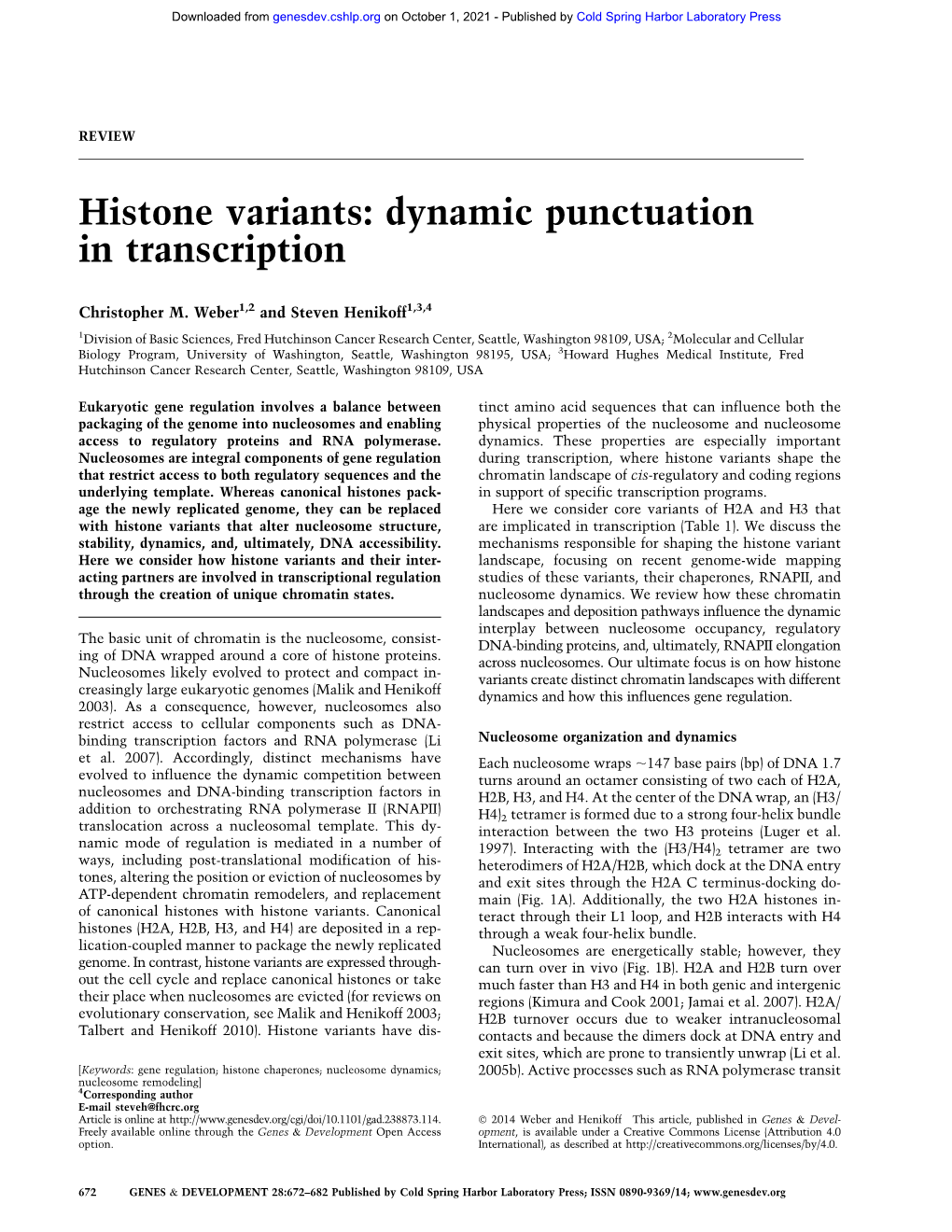 Histone Variants: Dynamic Punctuation in Transcription