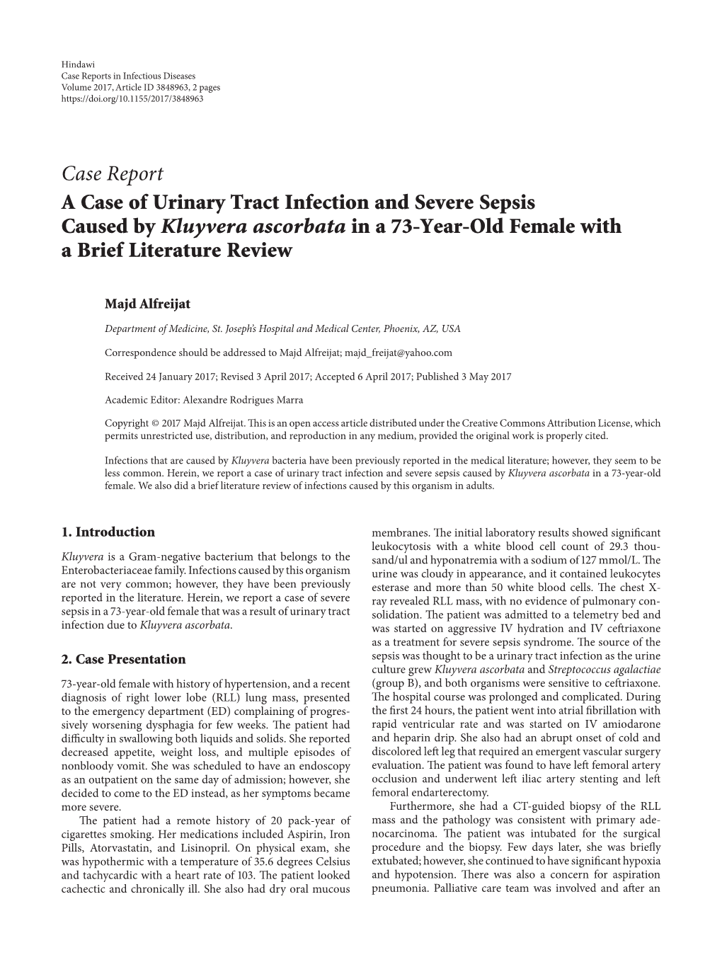 A Case of Urinary Tract Infection and Severe Sepsis Caused by Kluyvera Ascorbata in a 73-Year-Old Female with a Brief Literature Review