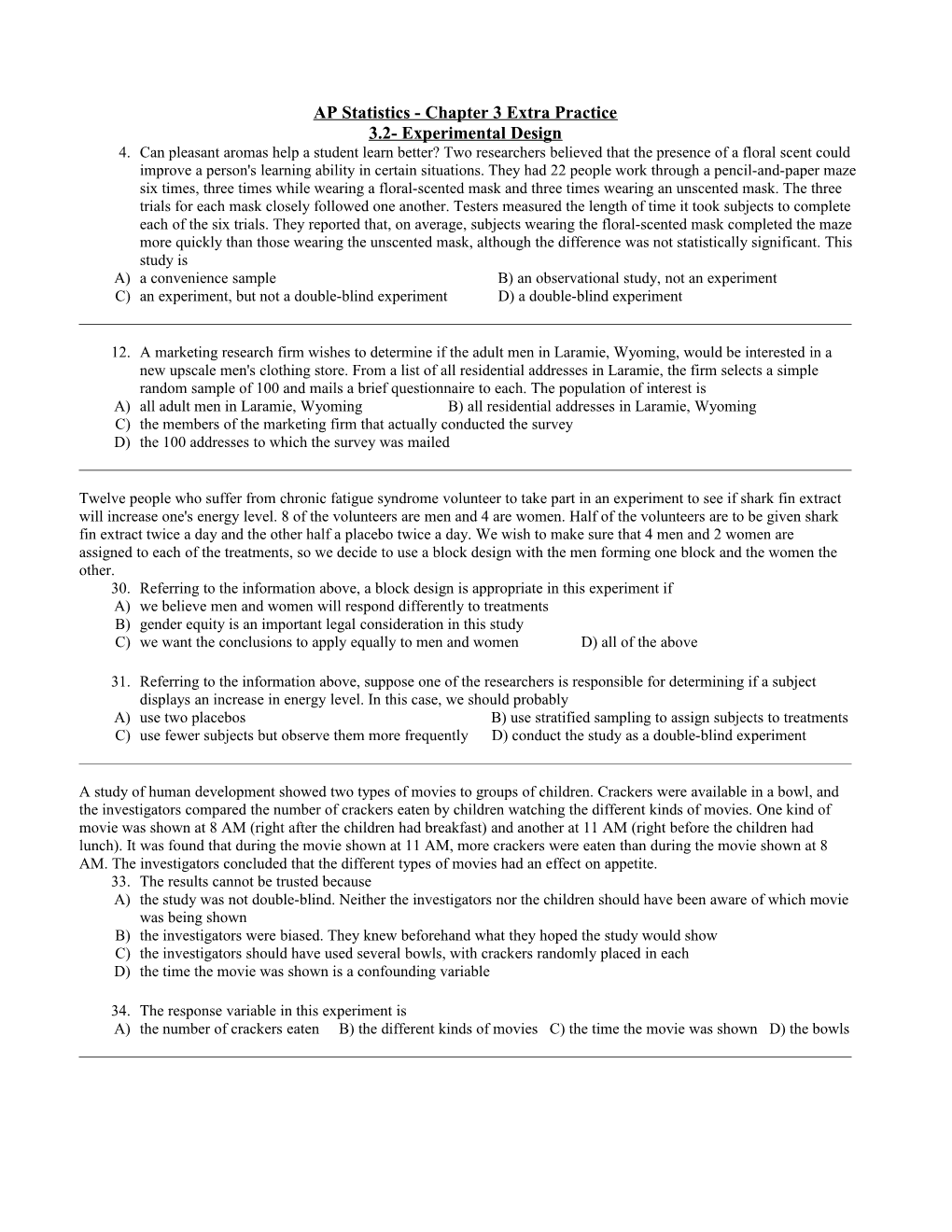 AP Statistics - Chapter 3 Extra Practice