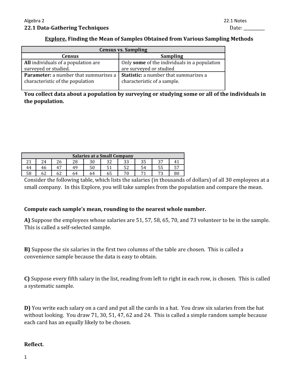 Explore. Finding the Mean of Samples Obtained from Various Sampling Methods