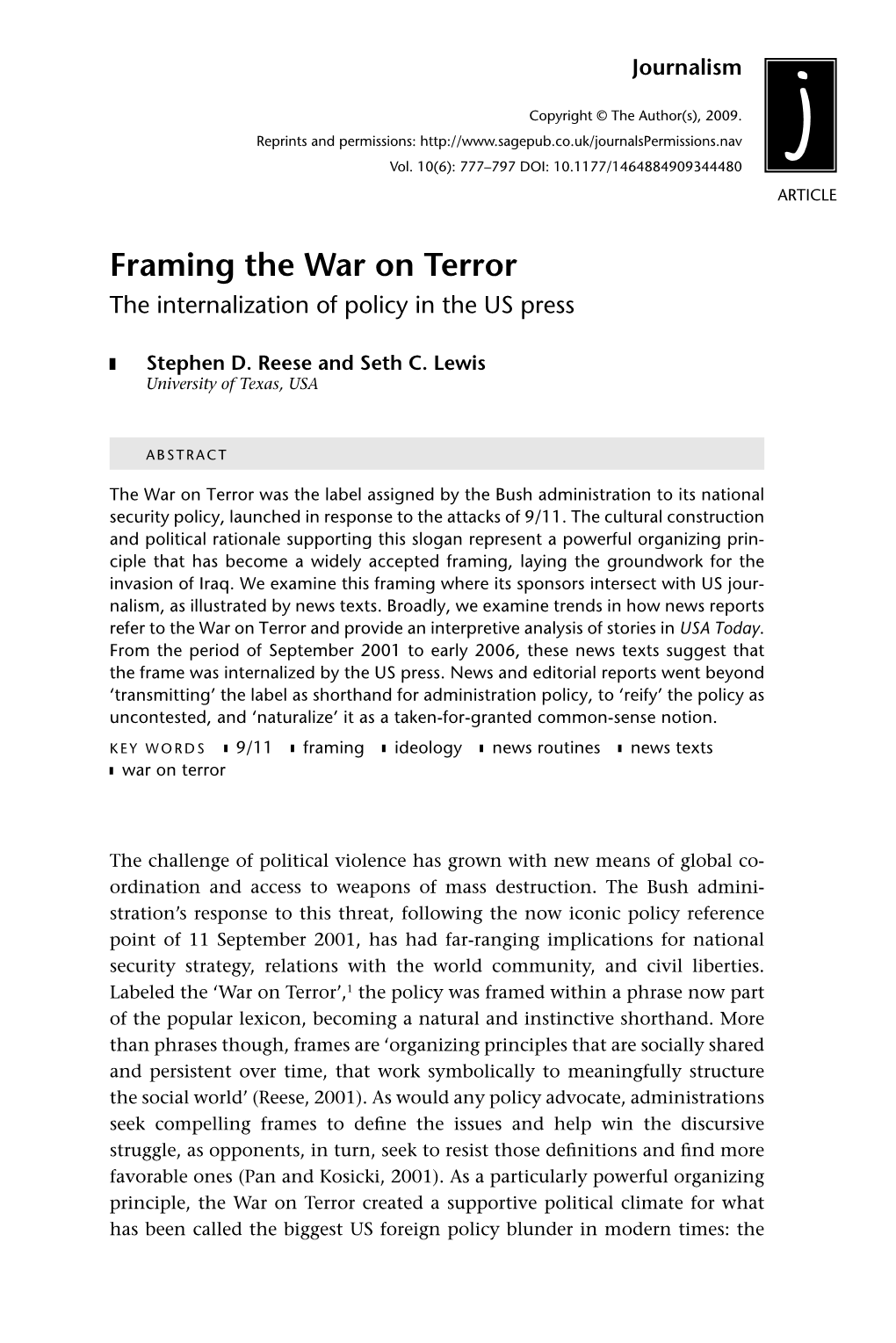 Framing the War on Terror the Internalization of Policy in the US Press