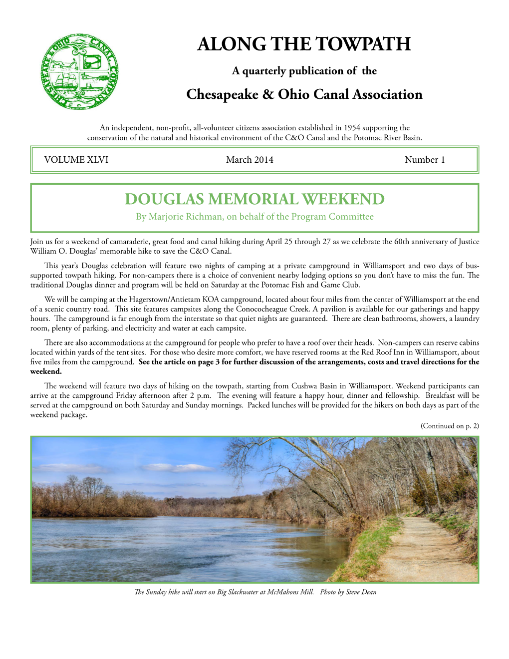 ALONG the TOWPATH a Quarterly Publication of the Chesapeake & Ohio Canal Association