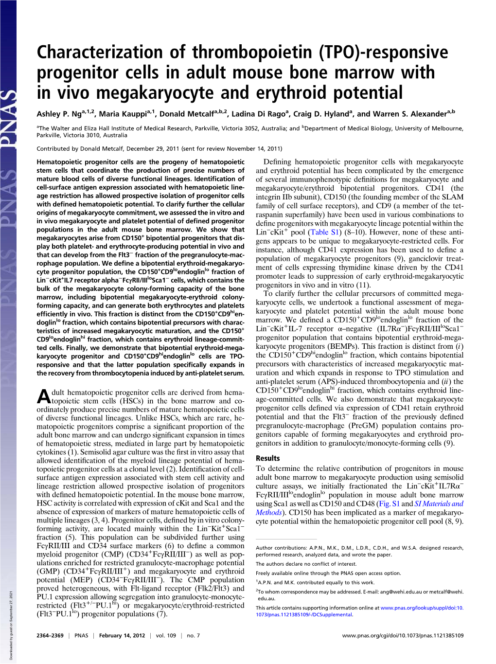 Responsive Progenitor Cells in Adult Mouse Bone Marrow with in Vivo Megakaryocyte and Erythroid Potential