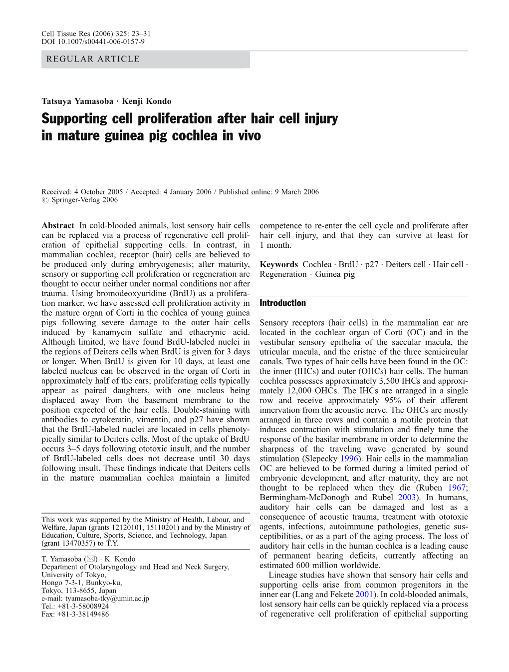 Supporting Cell Proliferation After Hair Cell Injury in Mature Guinea Pig Cochlea in Vivo