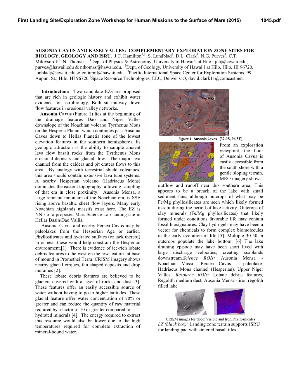 Ausonia Cavus and Kasei Valles: Complementary Exploration Zone Sites for Biology, Geology and Isru