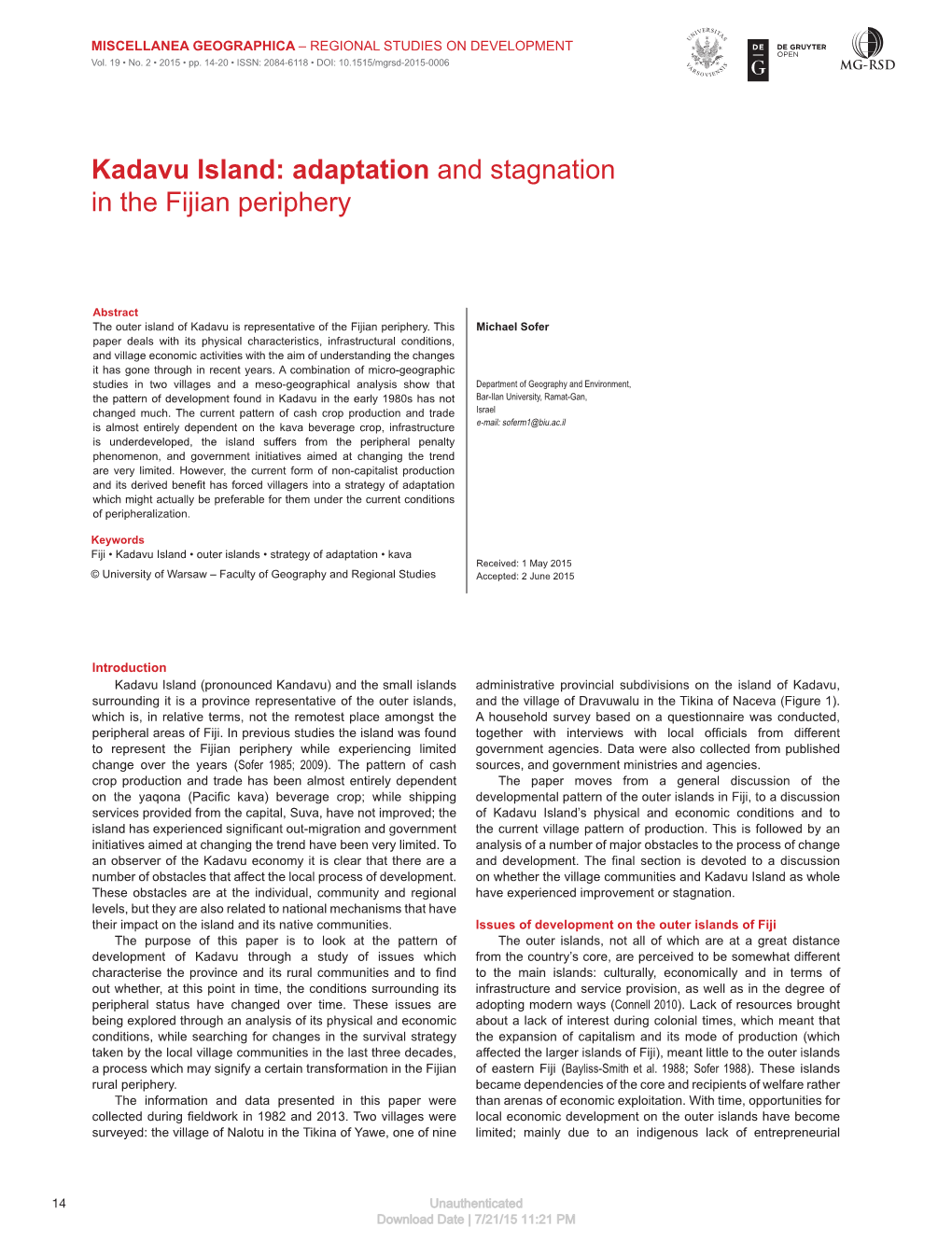 Kadavu Island: Adaptation and Stagnation in the Fijian Periphery