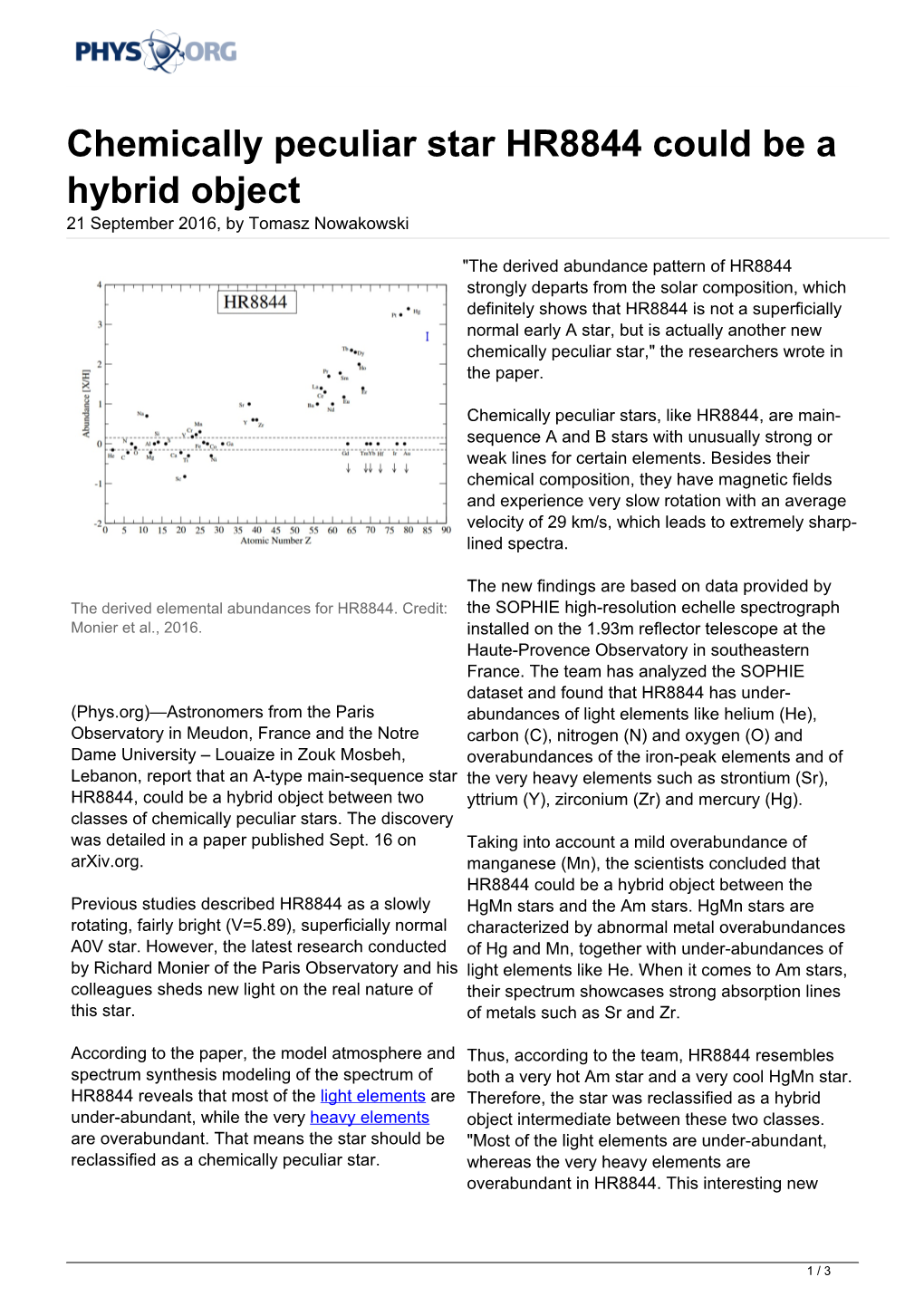 Chemically Peculiar Star HR8844 Could Be a Hybrid Object 21 September 2016, by Tomasz Nowakowski