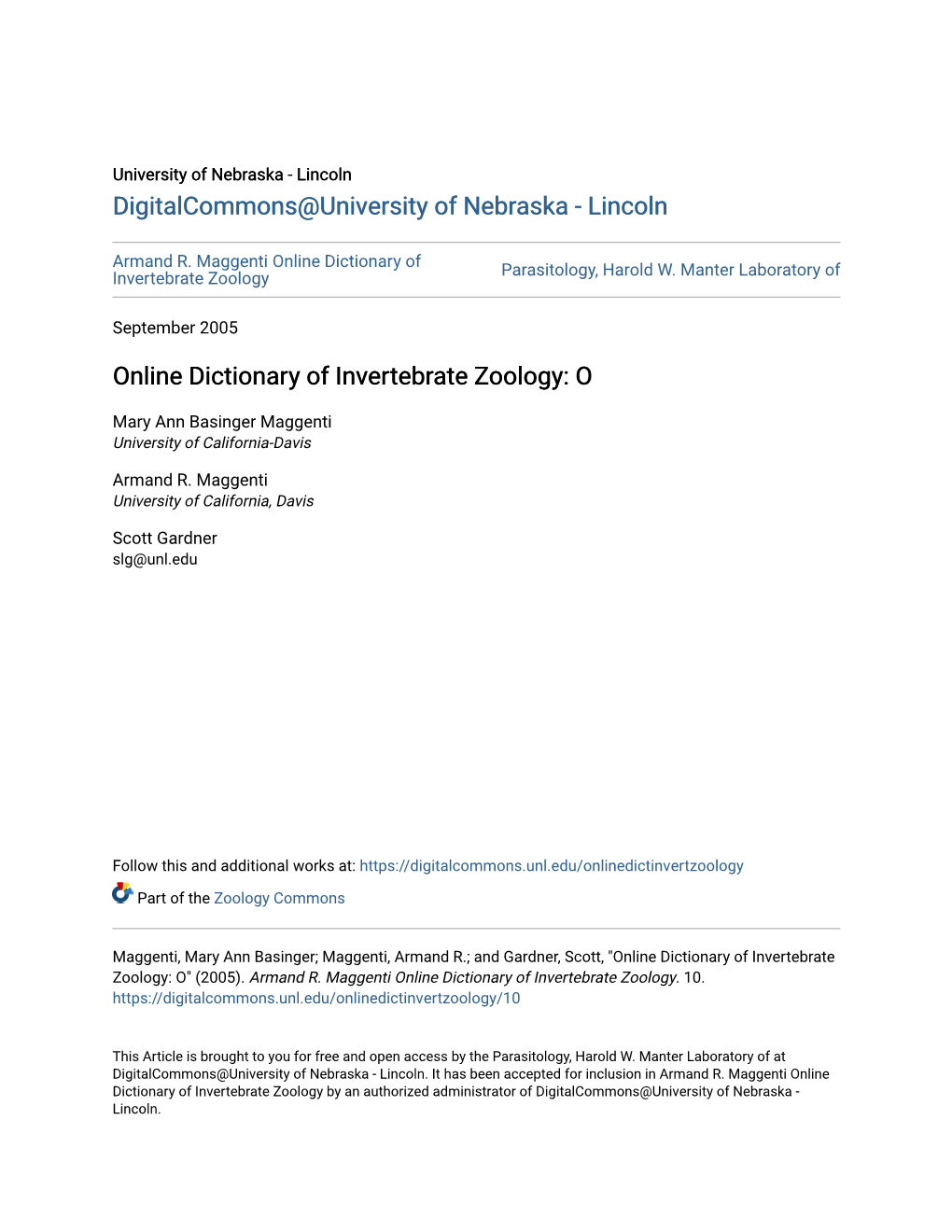 Online Dictionary of Invertebrate Zoology: O