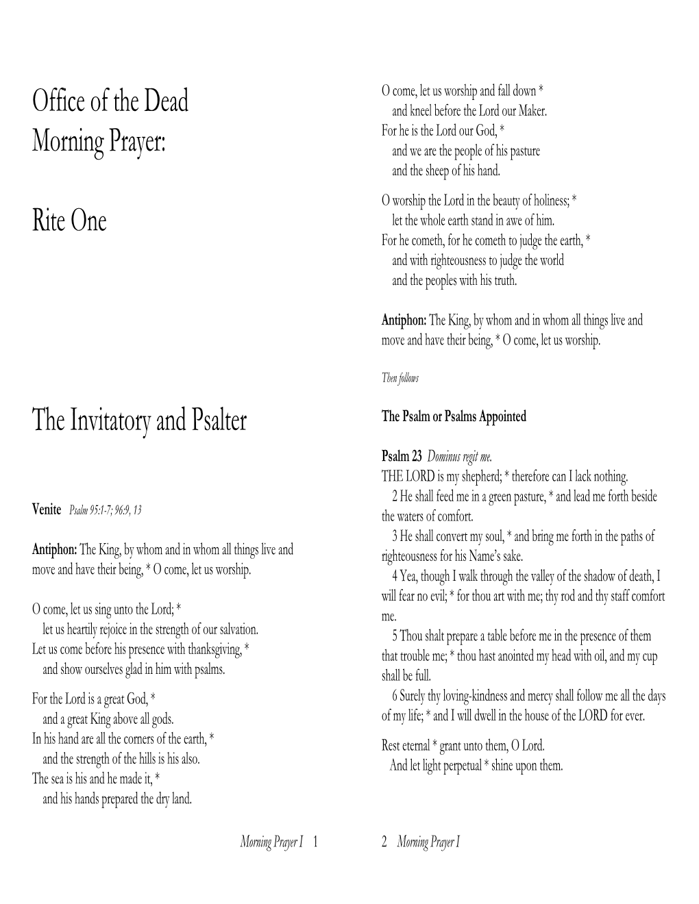 Office of the Dead Morning Prayer: Rite One the Invitatory and Psalter