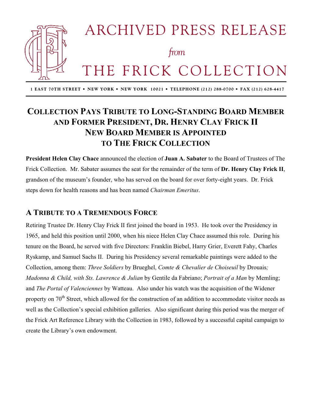 Archived Press Release the Frick Collection