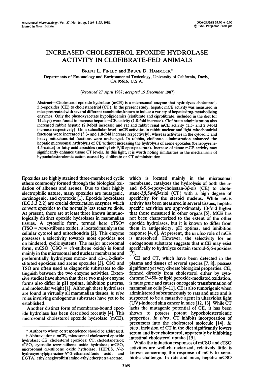 Increased Cholesterol Epoxide Hydrolase Activity in Clofibrate-Fed Animals