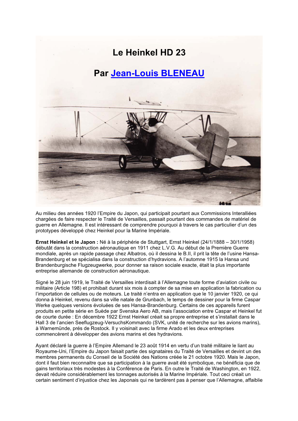 Le Heinkel HD 23 Par Jean-Louis BLENEAU