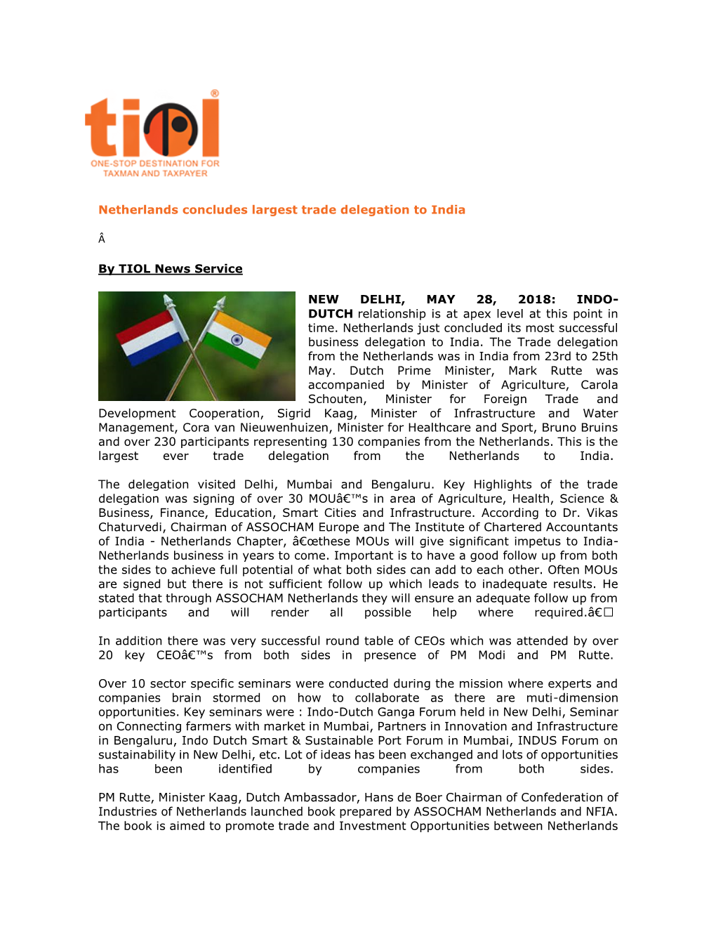 Netherlands Concludes Largest Trade Delegation to India by TIOL News