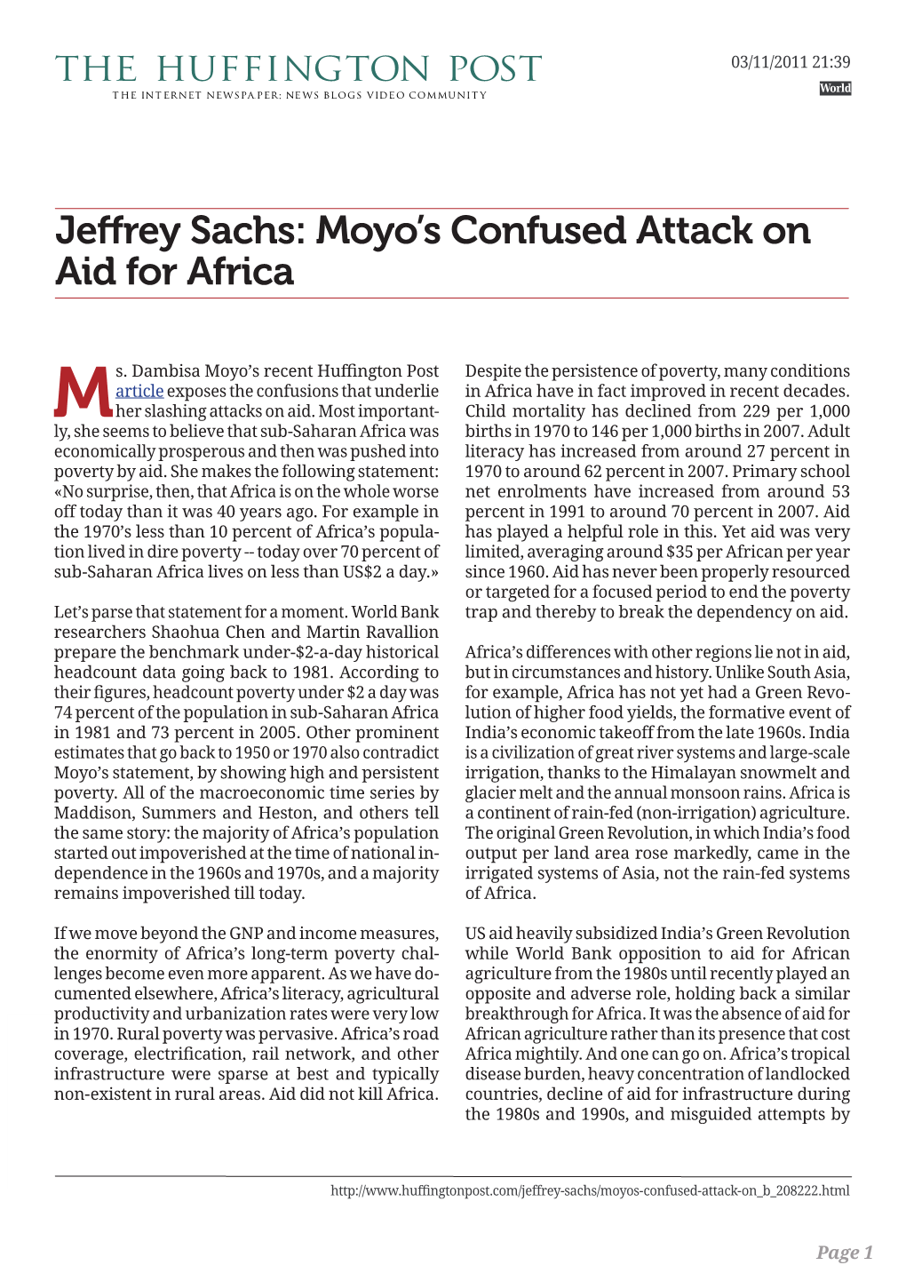 Jeffrey Sachs: Moyo's Confused Attack on Aid for Africa