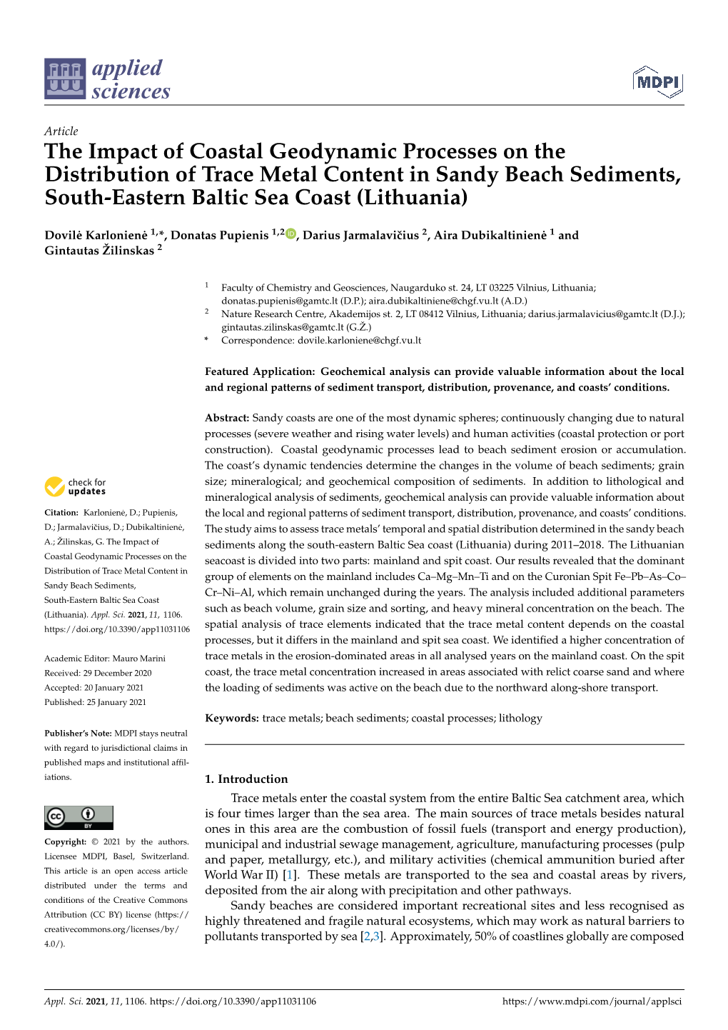 The Impact of Coastal Geodynamic Processes on the Distribution of Trace Metal Content in Sandy Beach Sediments, South-Eastern Baltic Sea Coast (Lithuania)