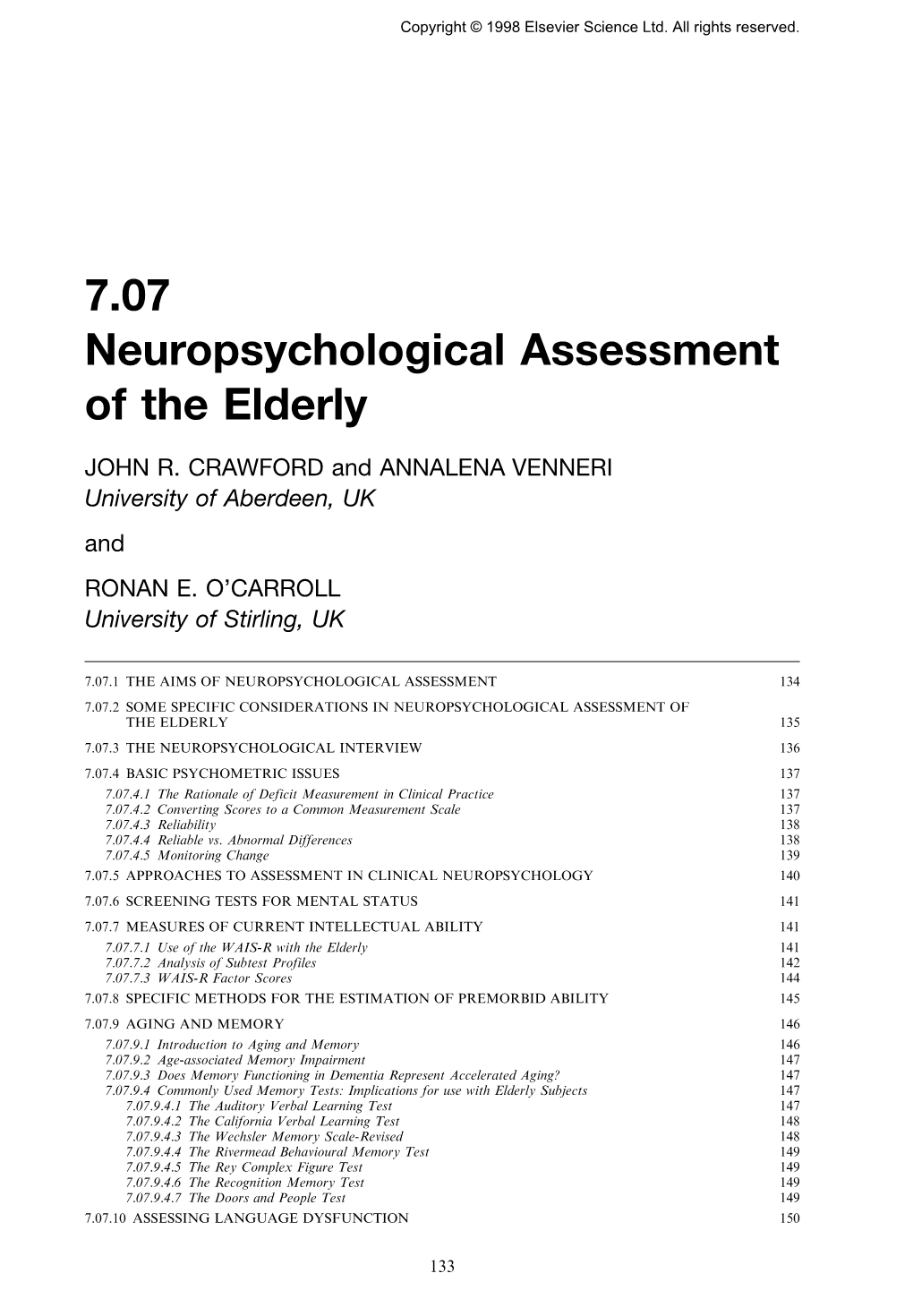 7.07 Neuropsychological Assessment of the Elderly