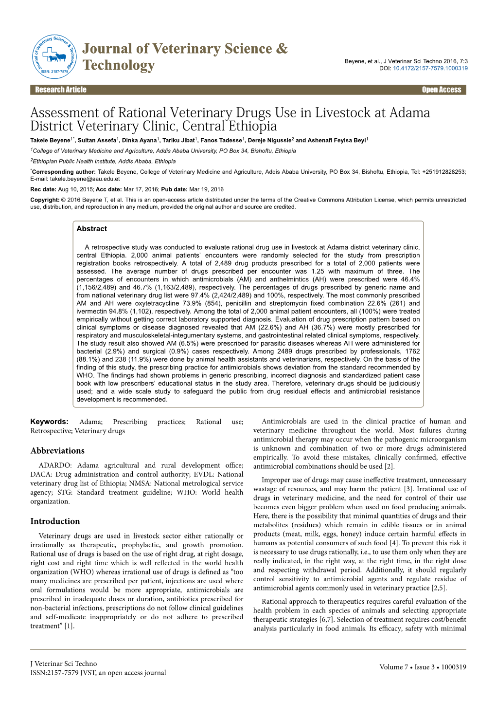 Assessment of Rational Veterinary Drugs Use in Livestock at Adama