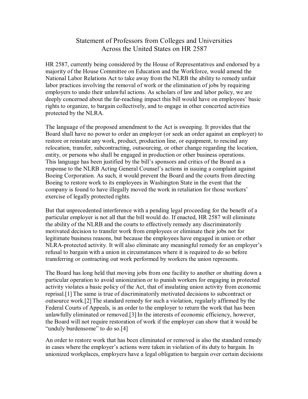 Statement of Professors from Colleges and Universities Across the United States on HR 2587