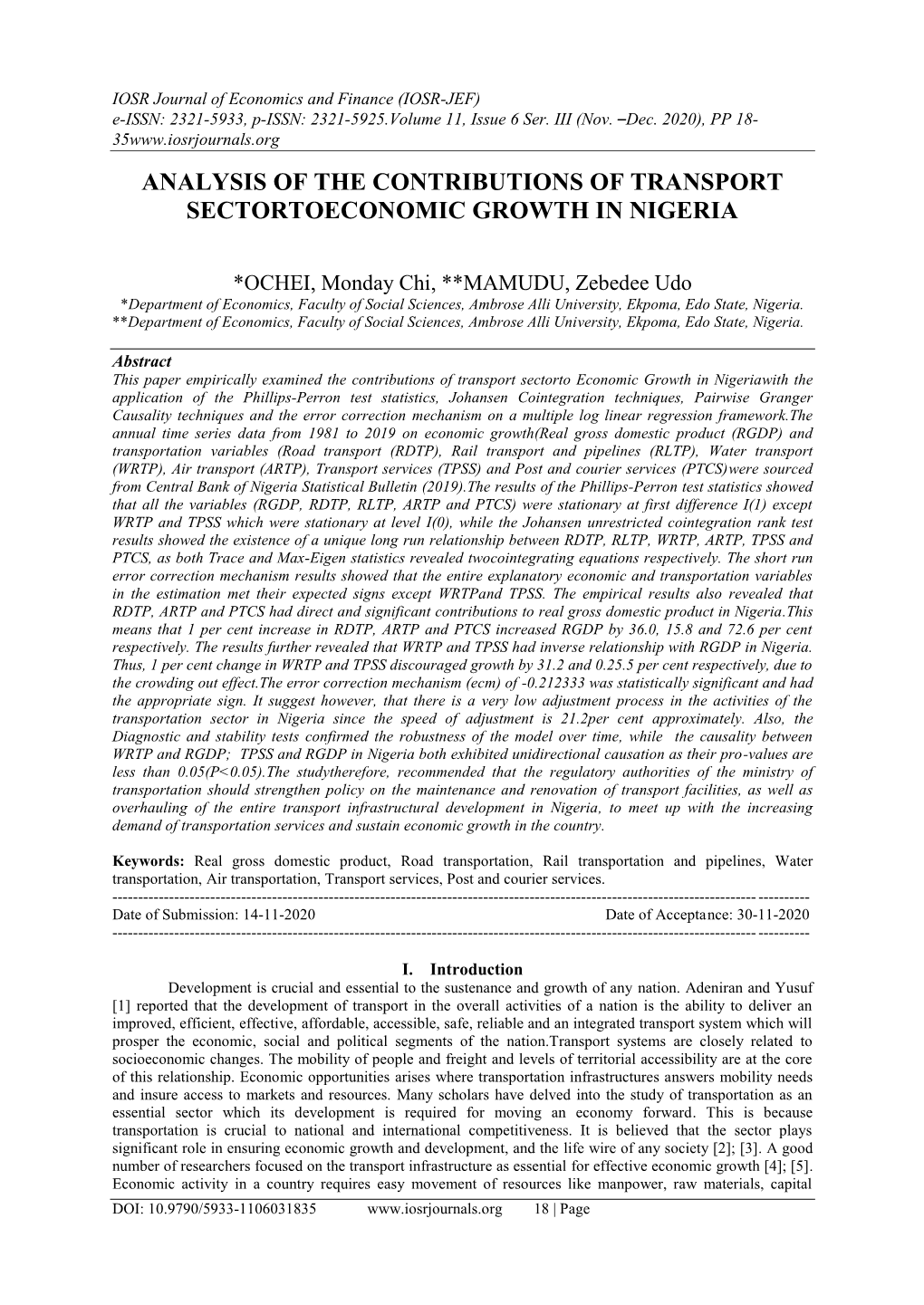 Analysis of the Contributions of Transport Sectortoeconomic Growth in Nigeria