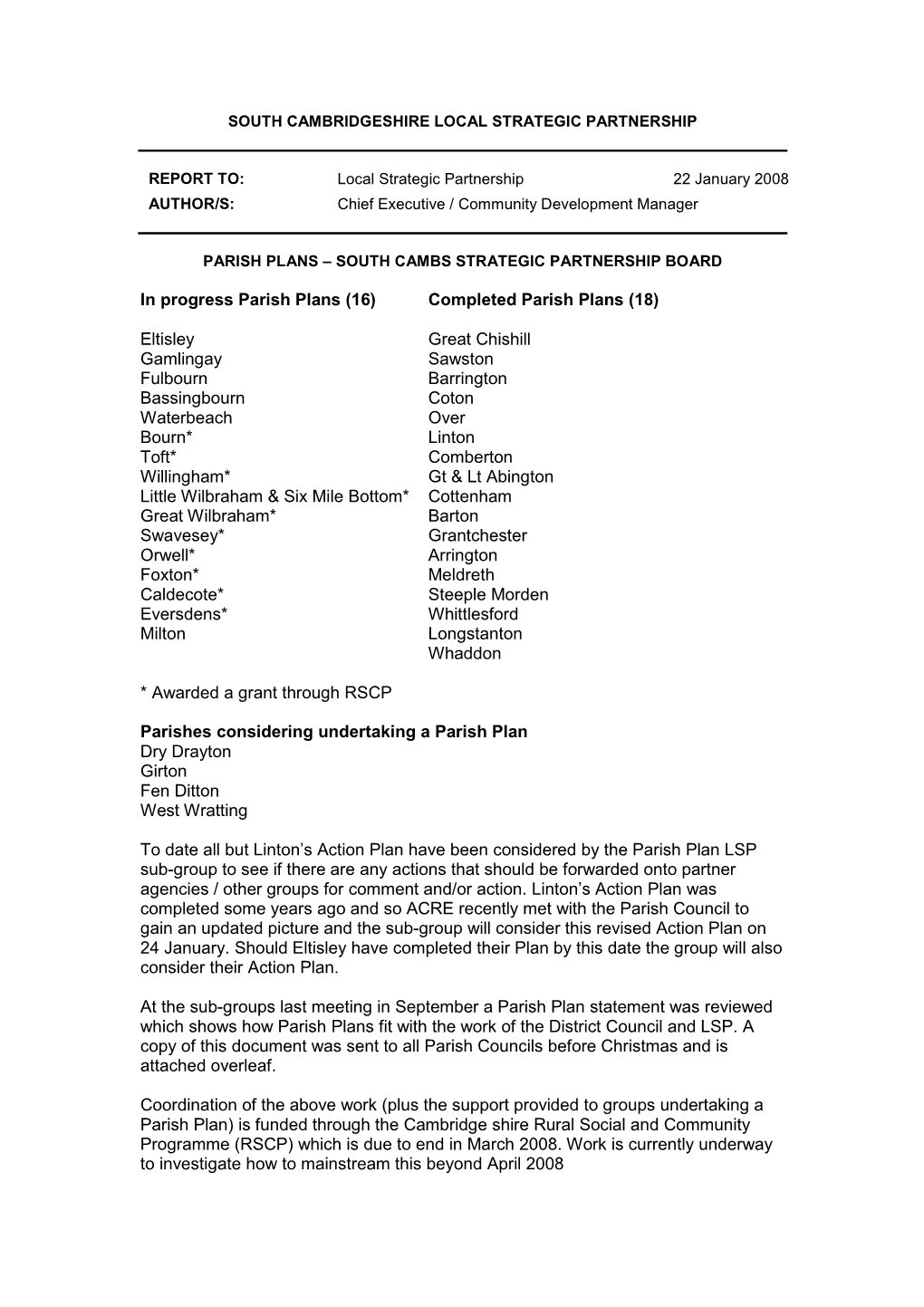 In Progress Parish Plans (16) Eltisley Gamlingay Fulbourn Bassingbourn