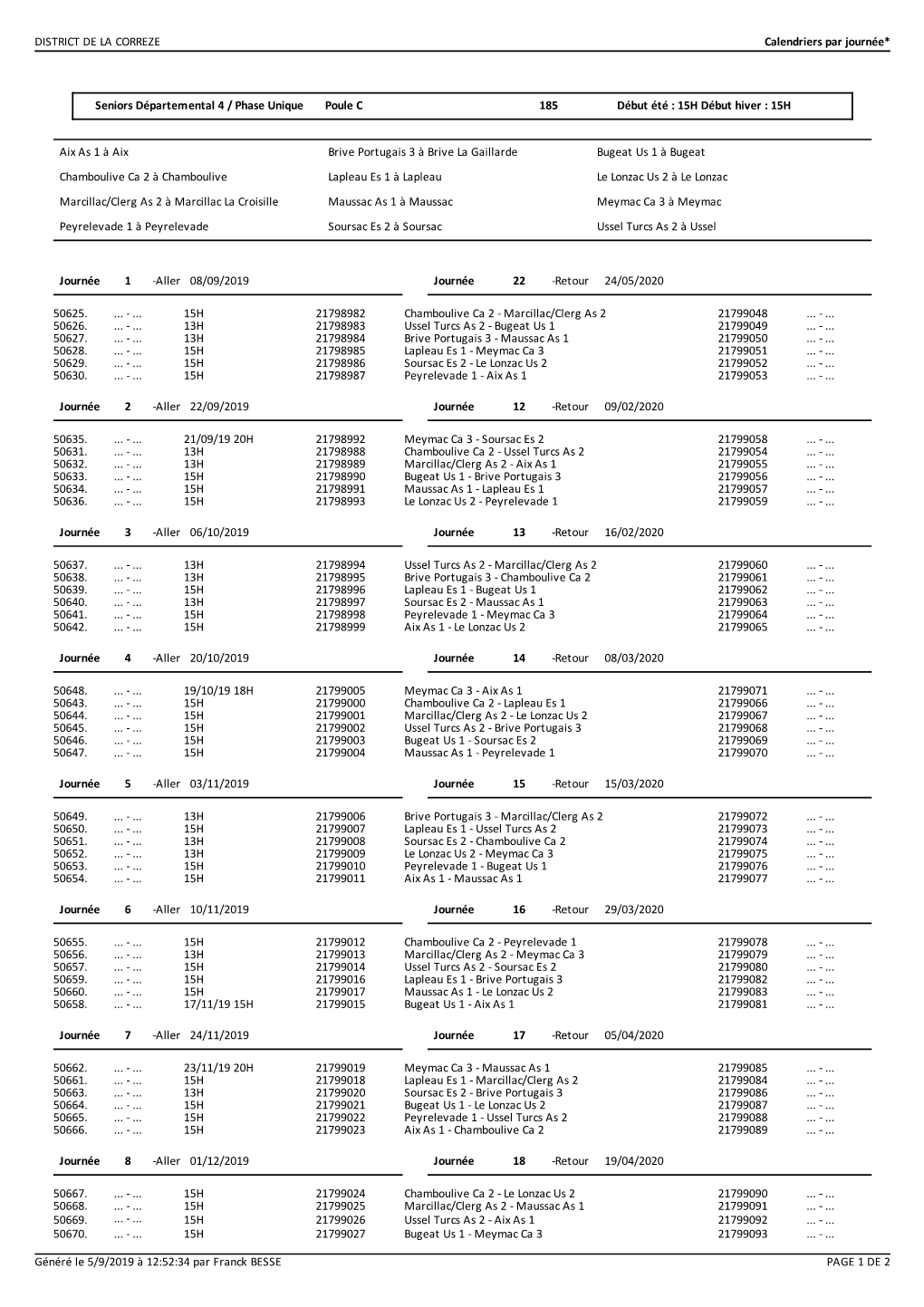 DISTRICT DE LA CORREZE Calendriers Par Journée*