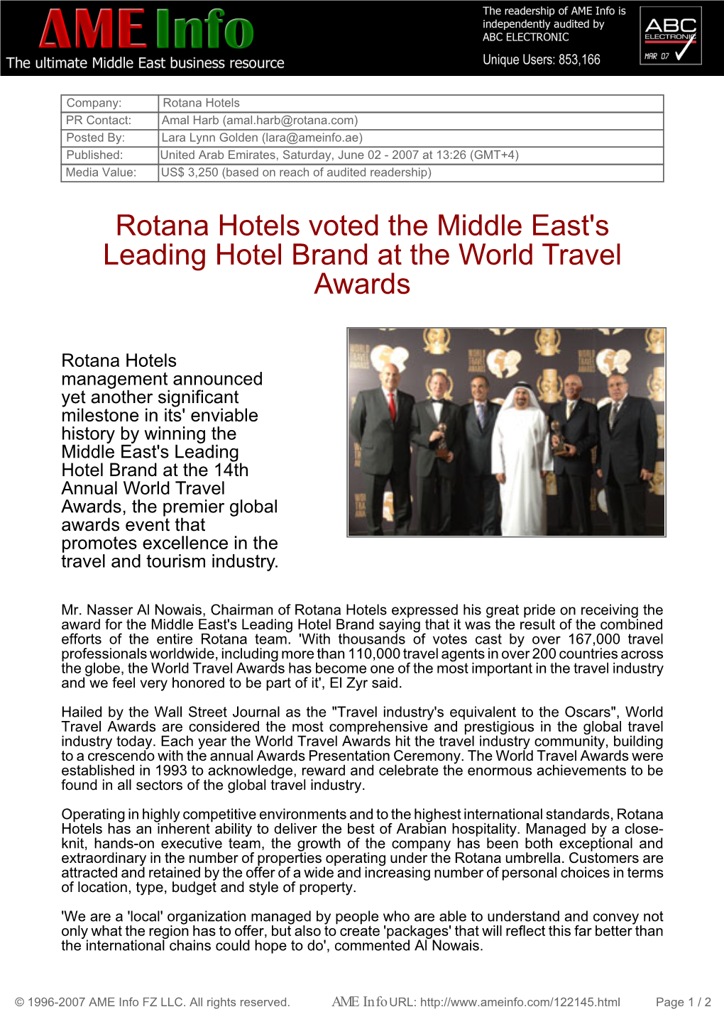 Rotana Hotels Voted the Middle East's Leading Hotel Brand at the World Travel Awards