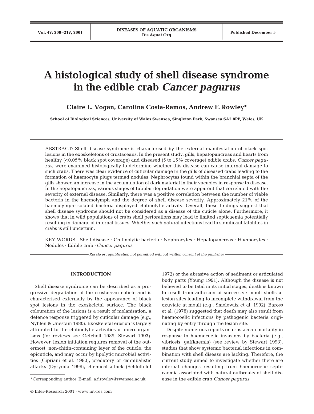 A Histological Study of Shell Disease Syndrome in the Edible Crab Cancer Pagurus