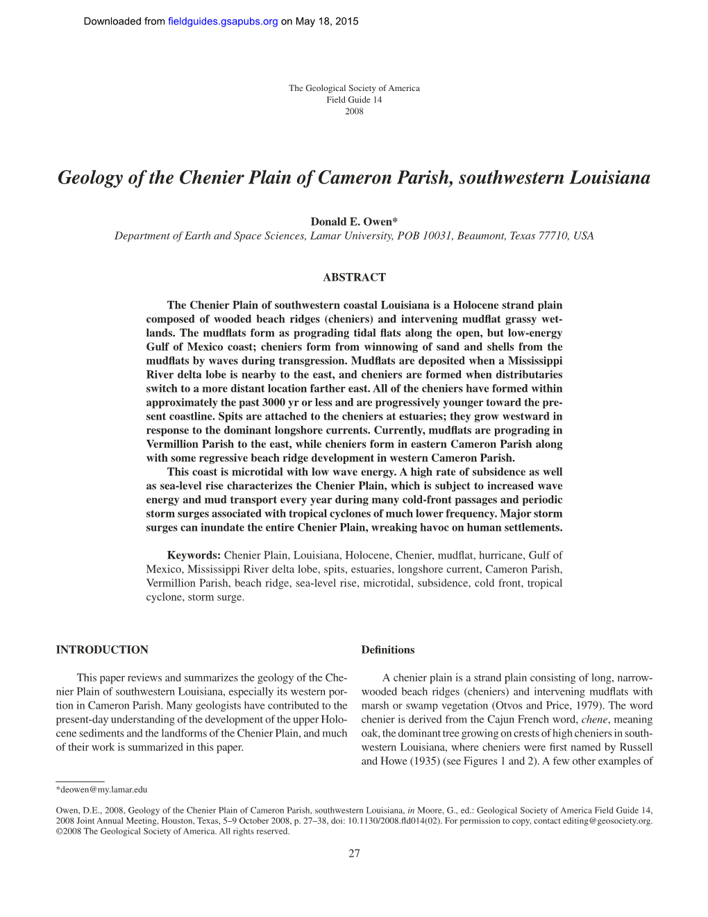 Geology of the Chenier Plain of Cameron Parish, Southwestern Louisiana