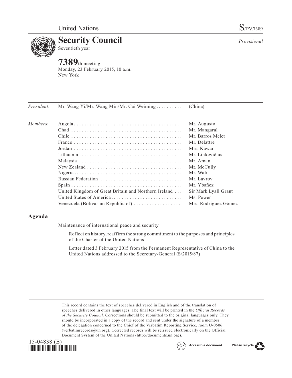 Security Council Provisional Asdf Seventieth Year 7389Th Meeting Monday, 23 February 2015, 10 A.M