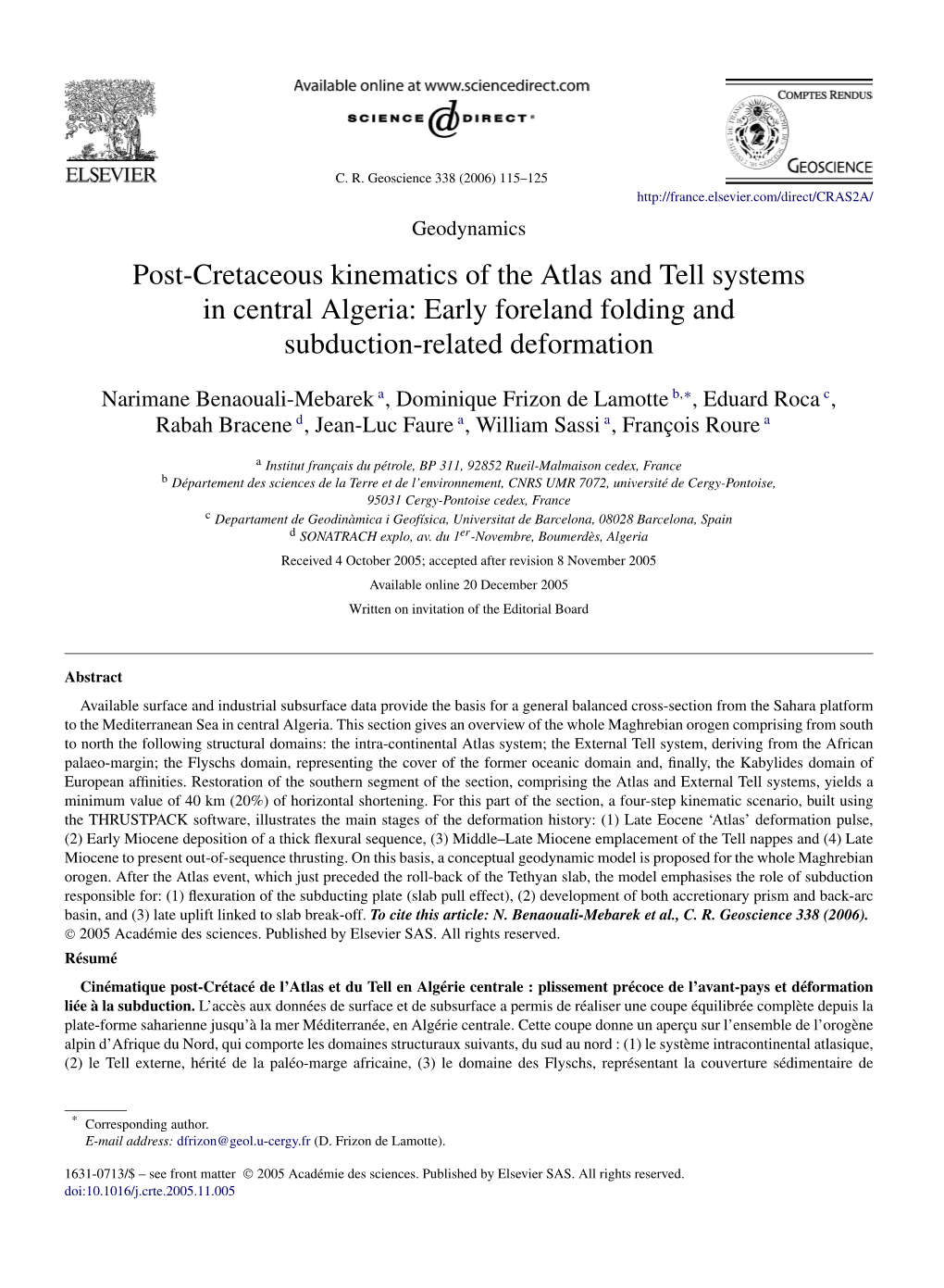 Post-Cretaceous Kinematics of the Atlas and Tell Systems in Central Algeria: Early Foreland Folding and Subduction-Related Deformation