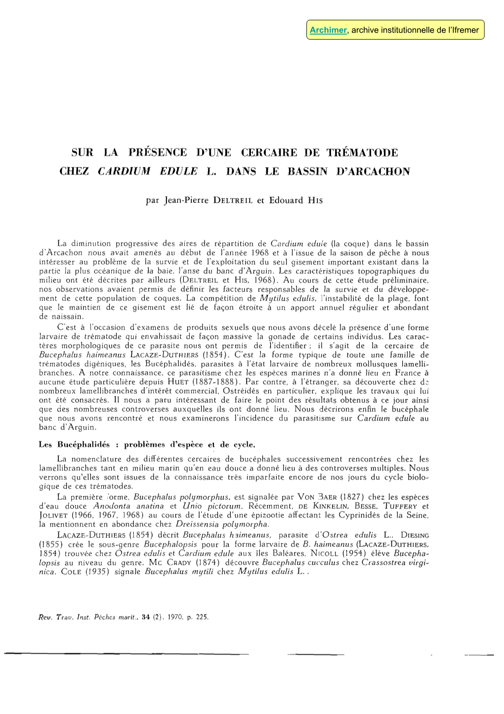 Sur La Présence D'une Cercaire De Trématode Chez Cardium Edule L