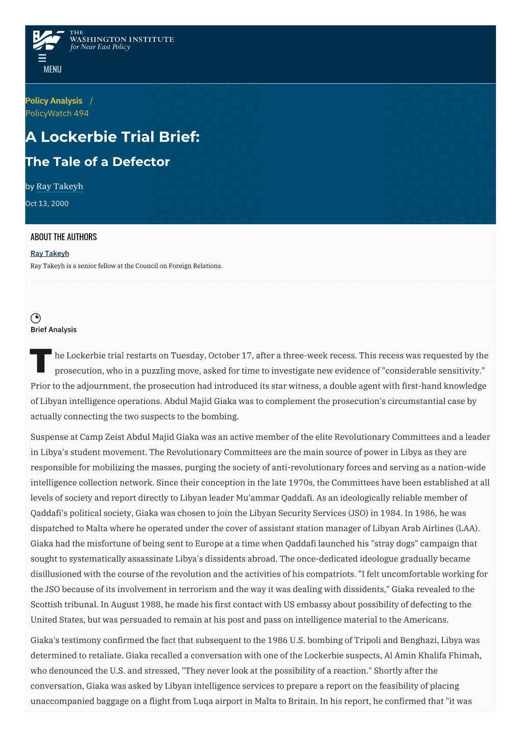 A Lockerbie Trial Brief: the Tale of a Defector | the Washington Institute