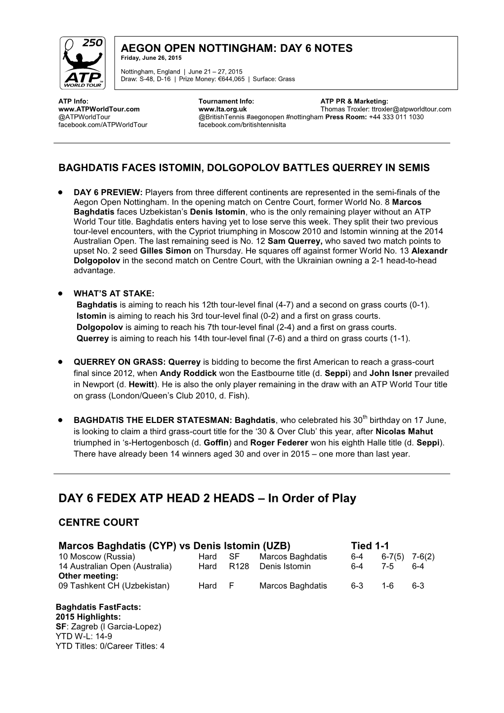 DAY 6 FEDEX ATP HEAD 2 HEADS – in Order of Play