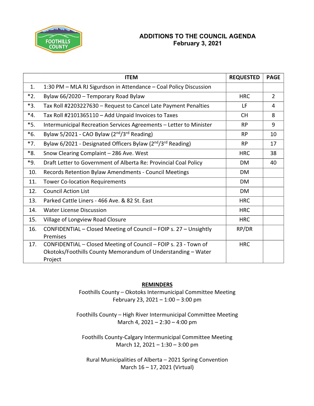 ADDITIONS to the COUNCIL AGENDA February 3, 2021 ITEM