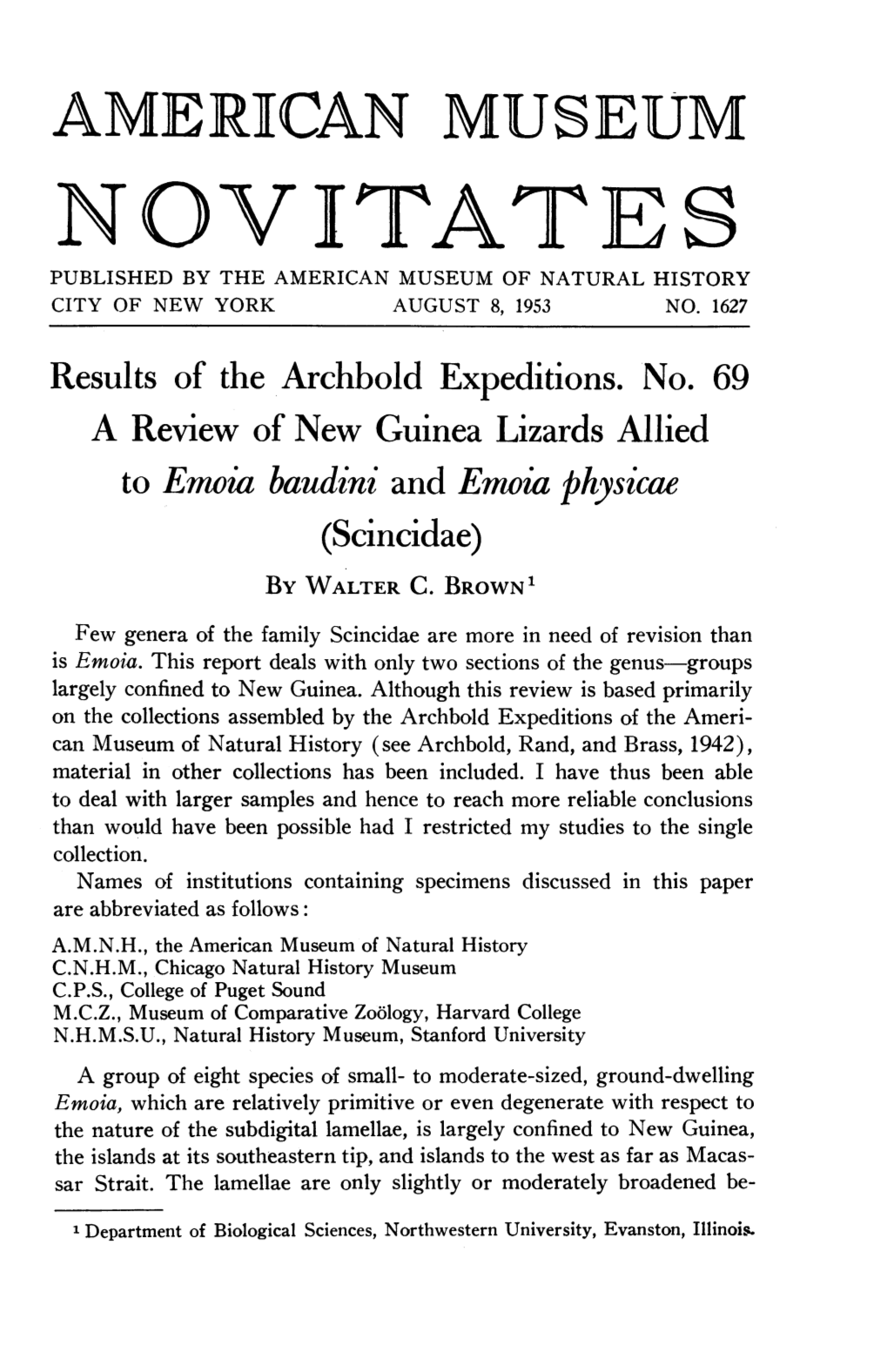 Novitates Published by the American Museum of Natural History City of New York August 8, 1953 No