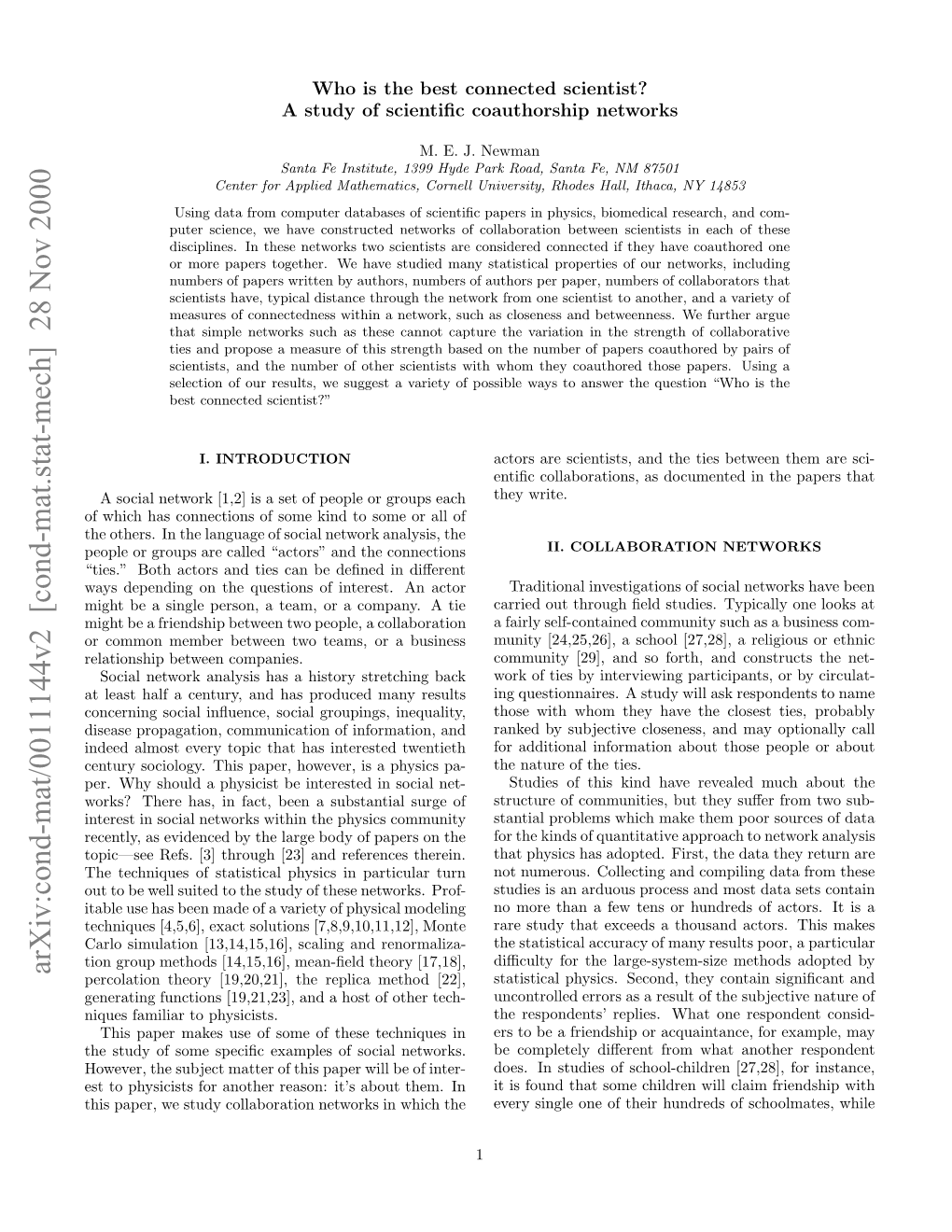 Cond-Mat/0011144V2 [Cond-Mat.Stat-Mech] 28 Nov 2000 Hsppr Esuyclaoainntok Nwihthe in Which Them