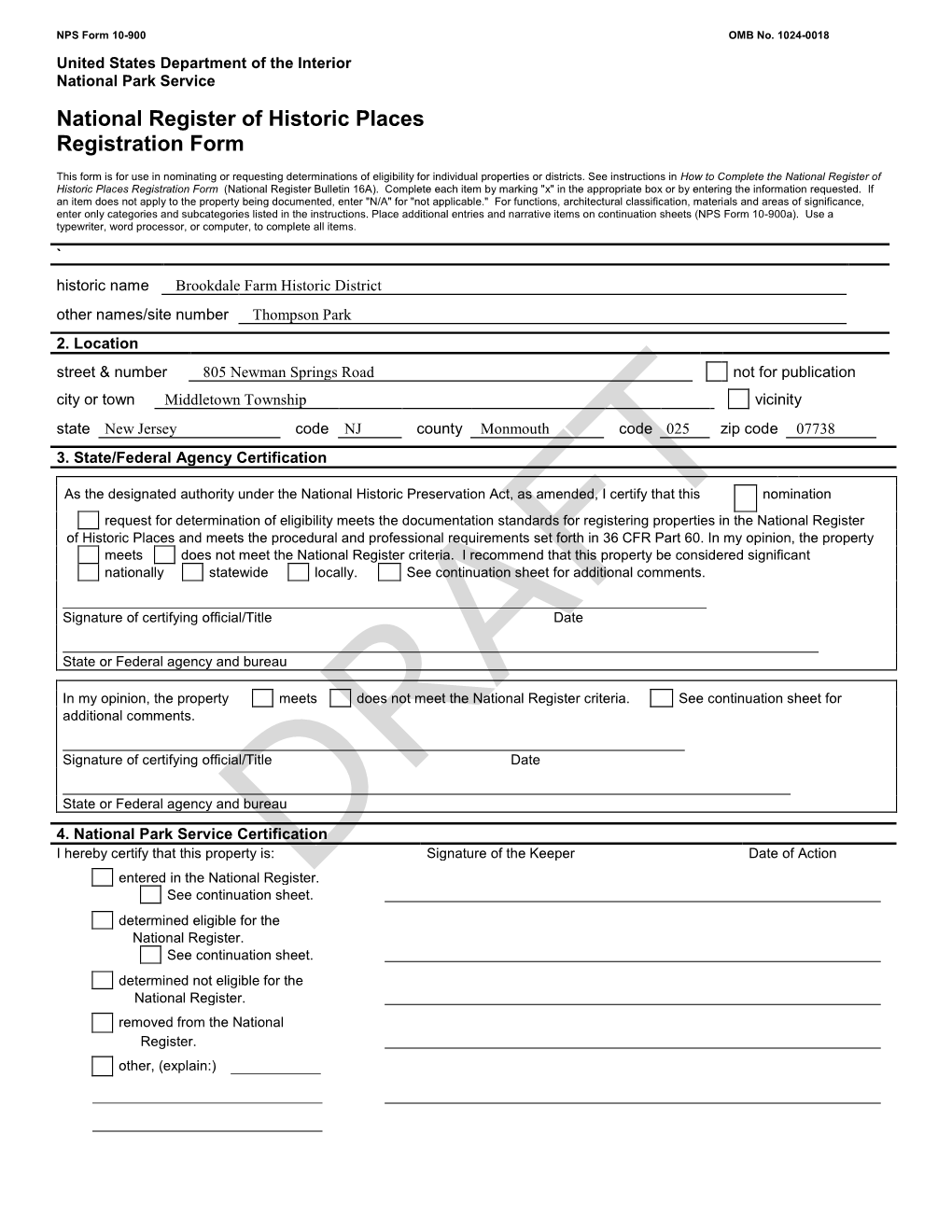 National Register of Historic Places Continuation Sheet Brookdale Farm Historic District Monmouth County, NJ Section Number 7 Page 1