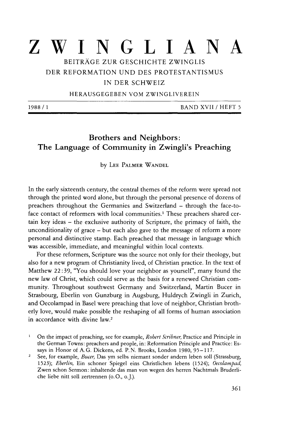 Zwingliana Beiträge Zur Geschichte Zwinglis Der Reformation Und Des Protestantismus in Der Schweiz Herausgegeben Vom Zwingliverein