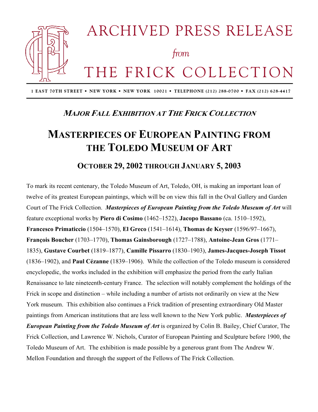 Archived Press Release the Frick Collection