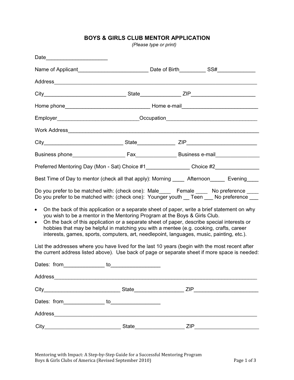 Boys & Girls Club Mentor Application s1