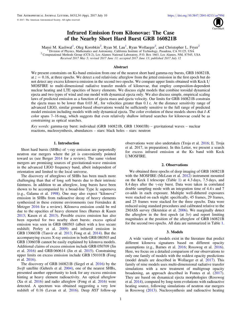 Infrared Emission from Kilonovae: the Case of the Nearby Short Hard Burst GRB 160821B