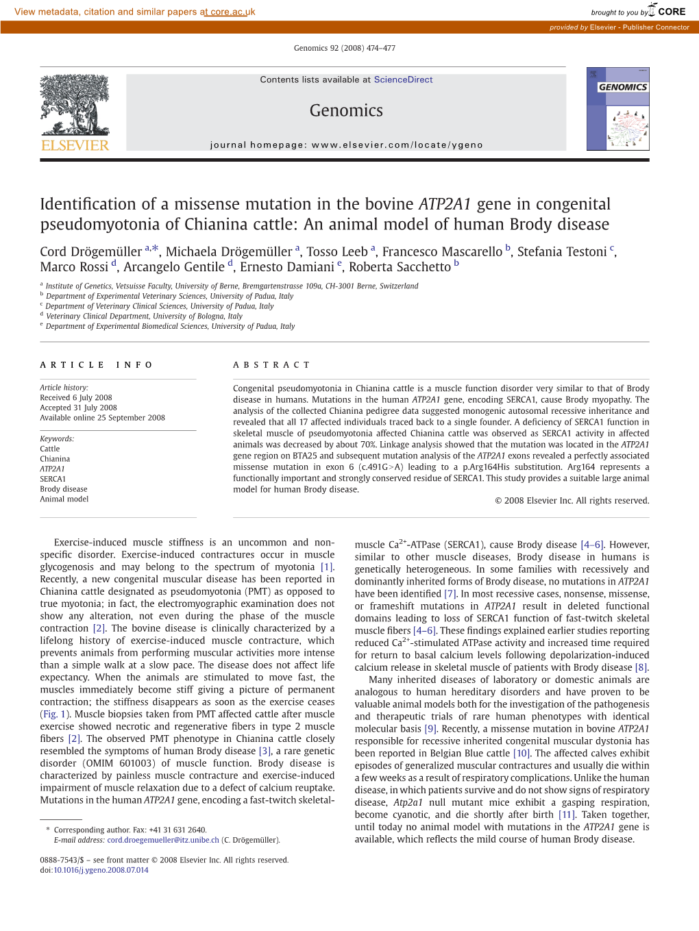 Identification of a Missense Mutation in the Bovine ATP2A1 Gene