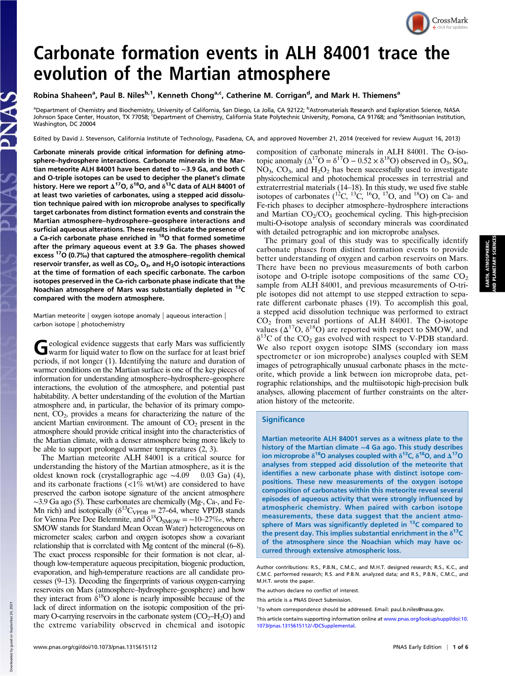 Carbonate Formation Events in ALH 84001 Trace the Evolution of the Martian Atmosphere