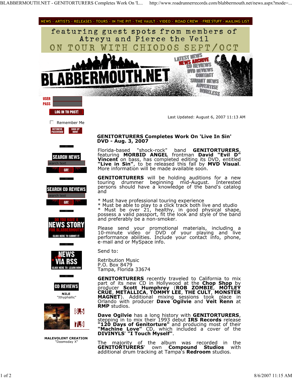 BLABBERMOUTH.NET - GENITORTURERS Completes Work on 'L