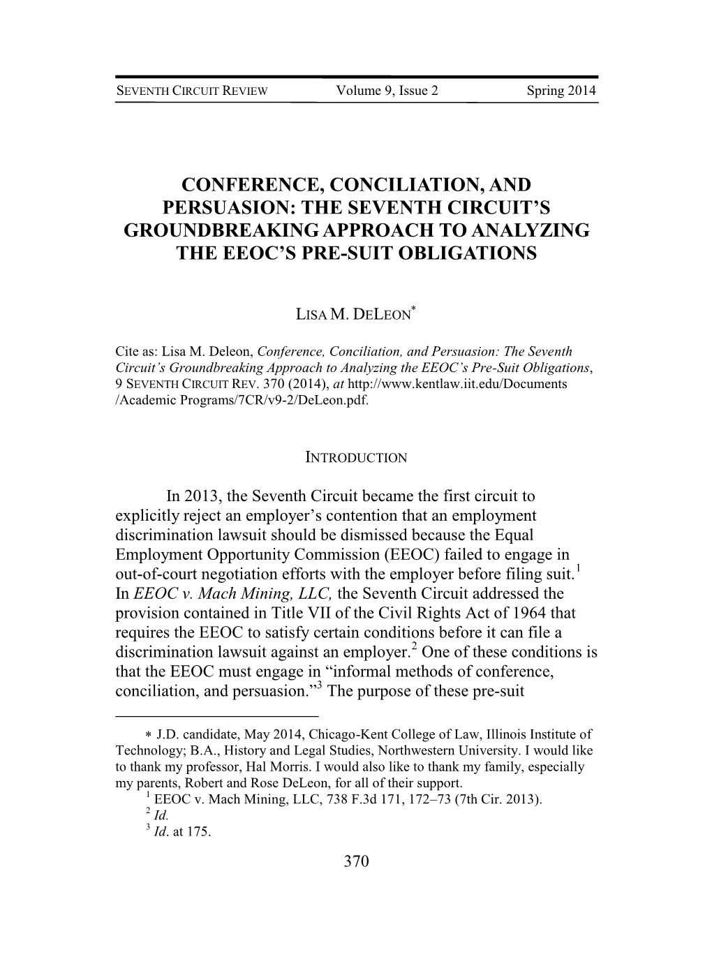 Conference, Conciliation, and Persuasion: the Seventh Circuit’S Groundbreaking Approach to Analyzing the Eeoc’S Pre-Suit Obligations